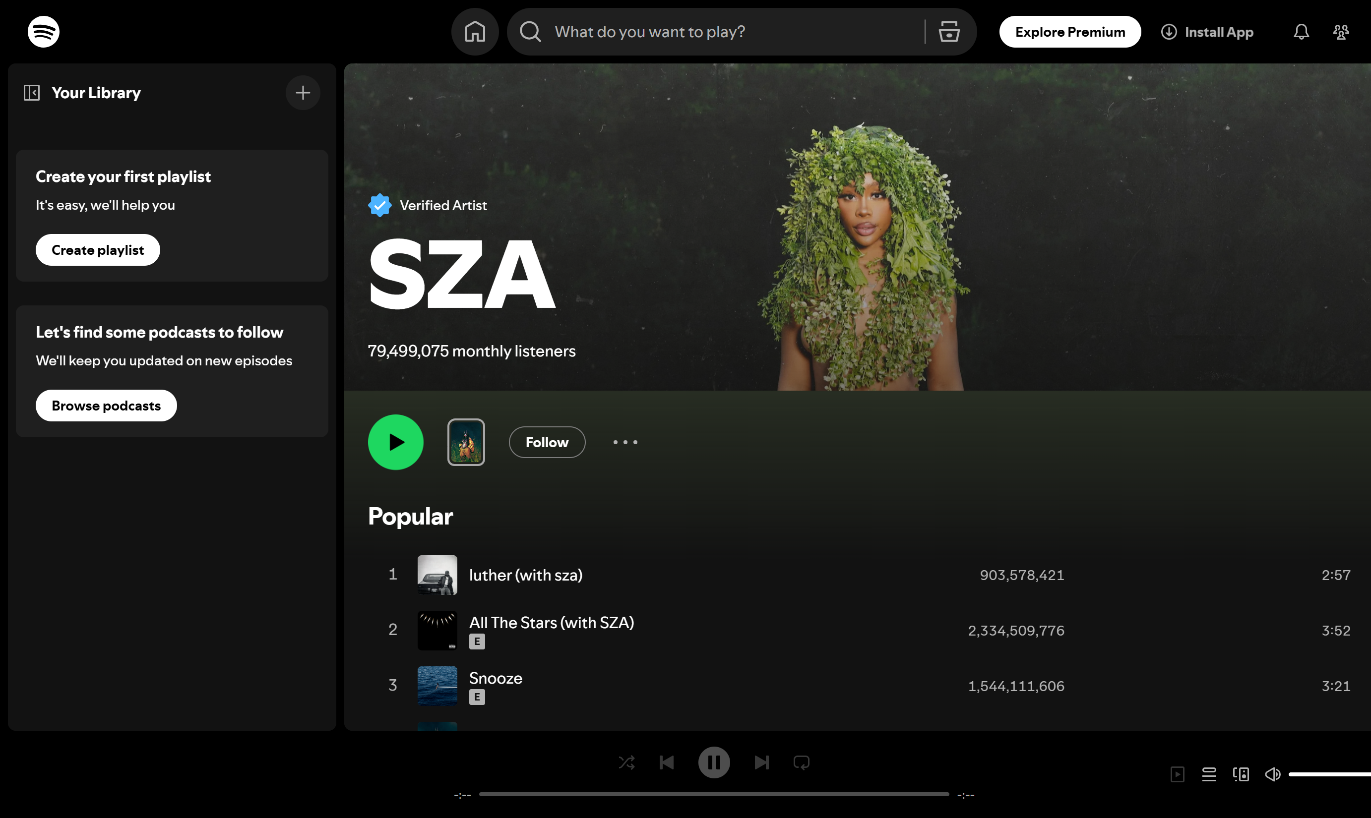 SZA—most listened to artists on Spotify with soulful R&B music