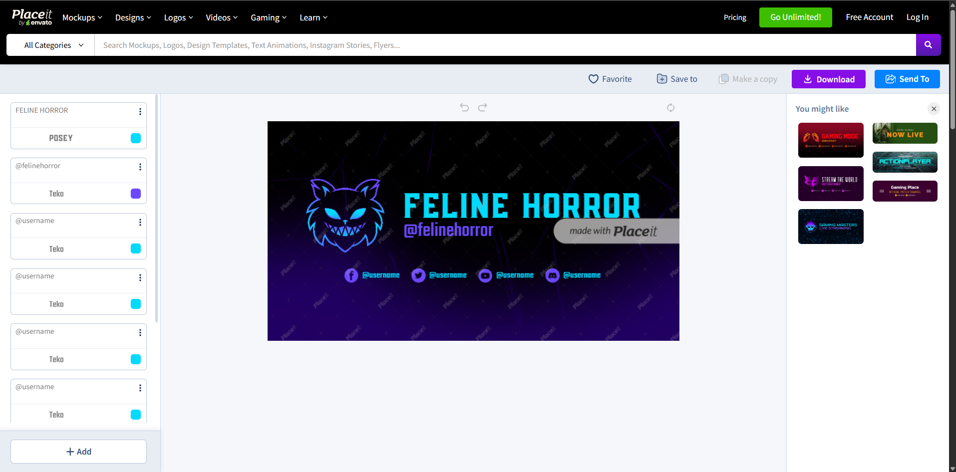 Interface do Placeit - um dos melhores banner maker do Twitch