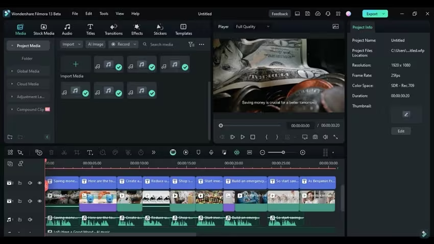 Interface do Filmora - outro conversor gratuito de vídeo para vídeo com IA