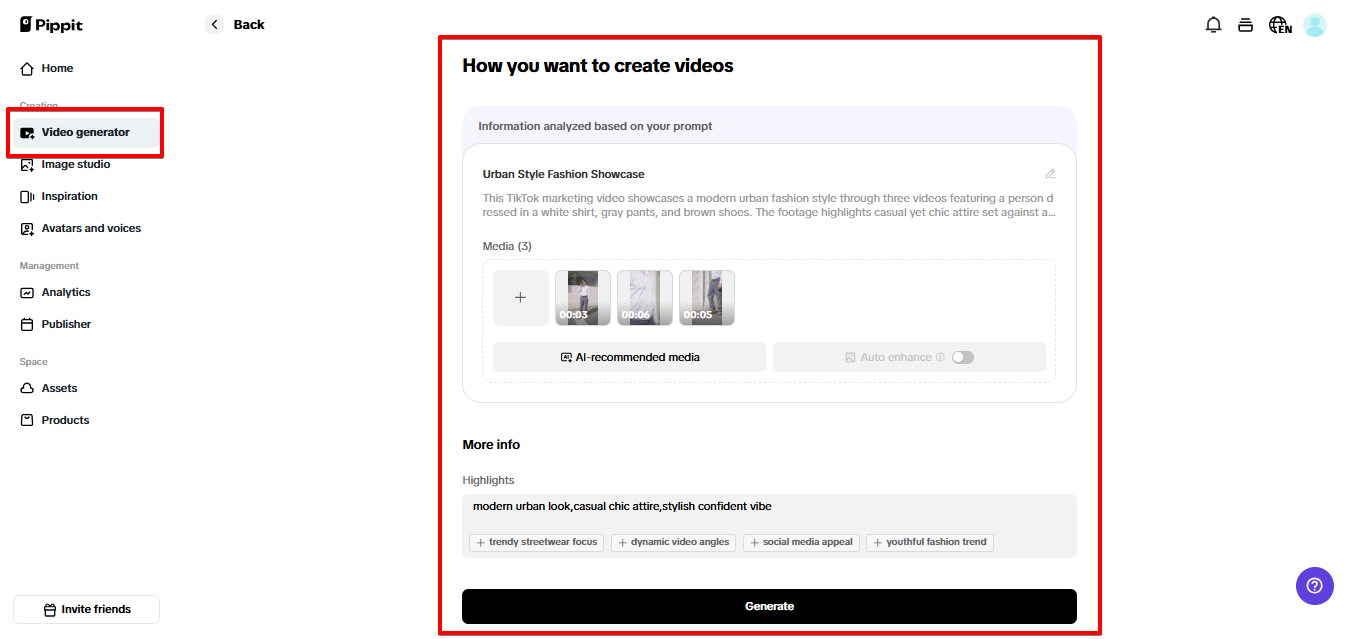 Generating video in Pippit