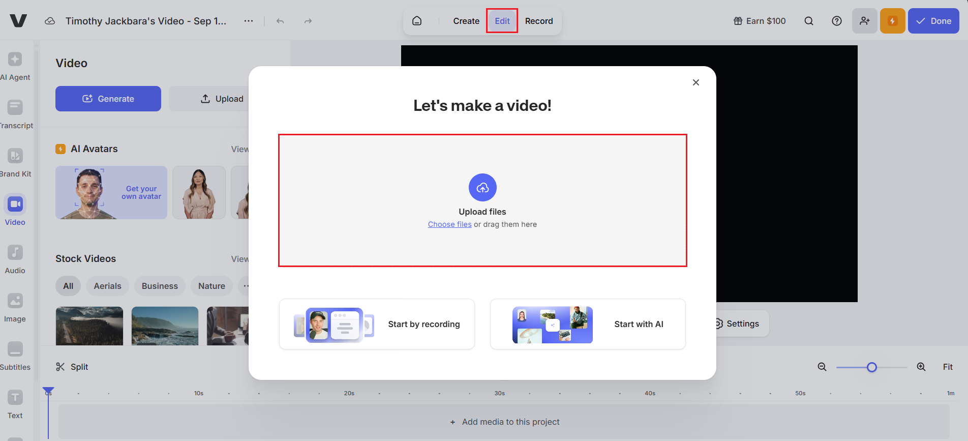 Veed.io'ya erişin ve UGC içeriğini yükleyin