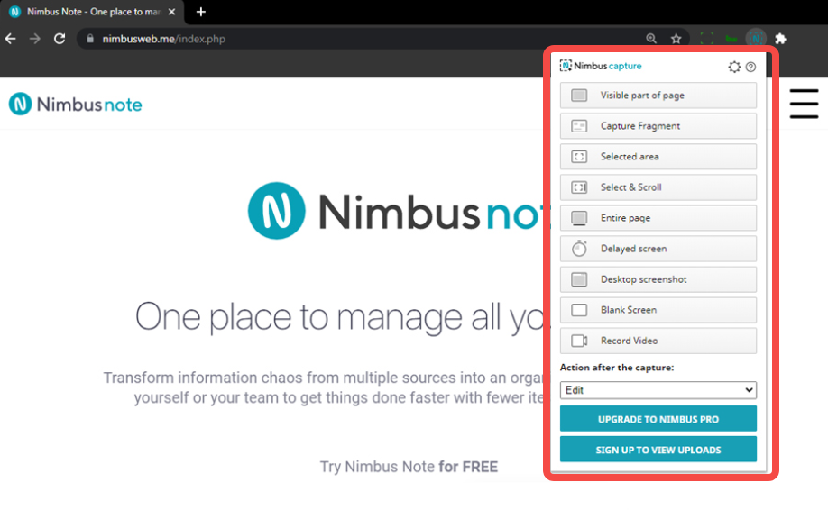 Choosing the capture mode in the Nimbus Screen Capture