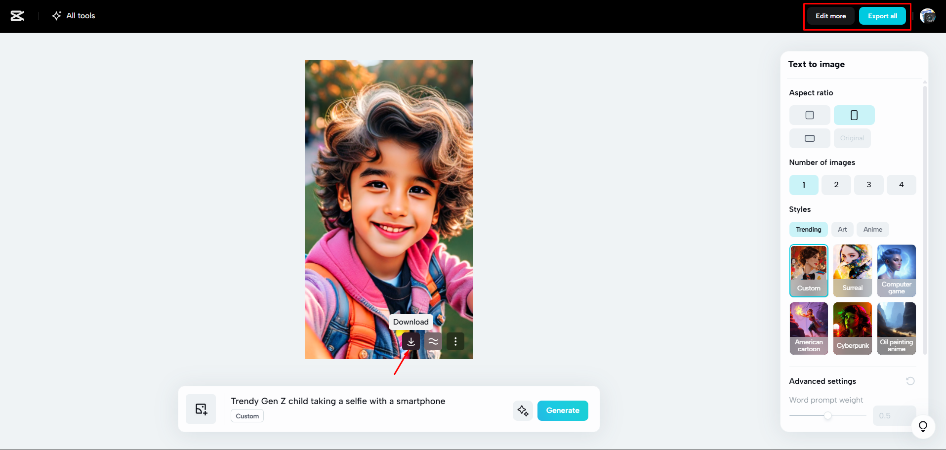 CapCut Web'den tüm görselleri dışa aktarma