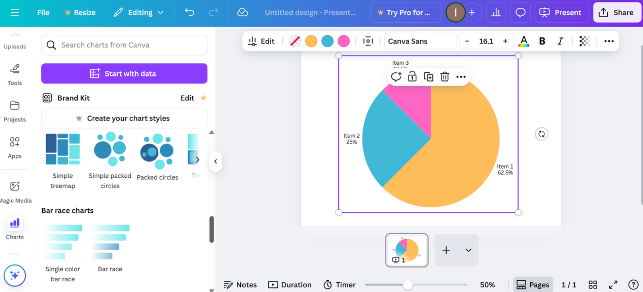 Interface de Canva - le meilleur créateur de graphiques à secteurs
