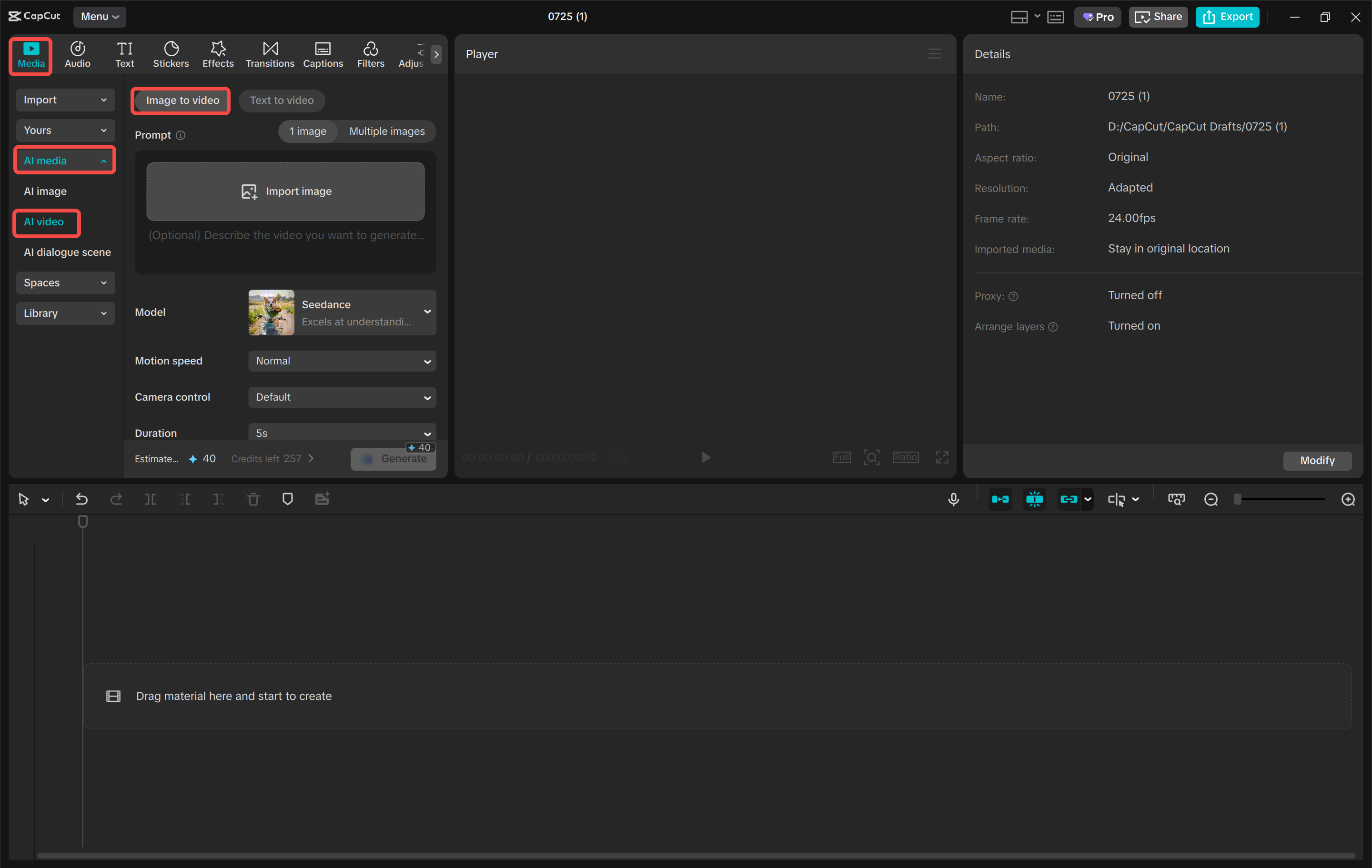 Subiendo una imagen a la herramienta de imagen a video en el CapCut editor de video de escritorio