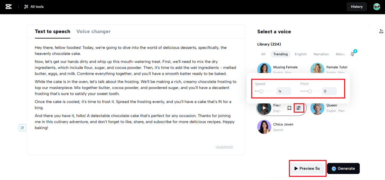 Adjust the speed and pitch and click on preview