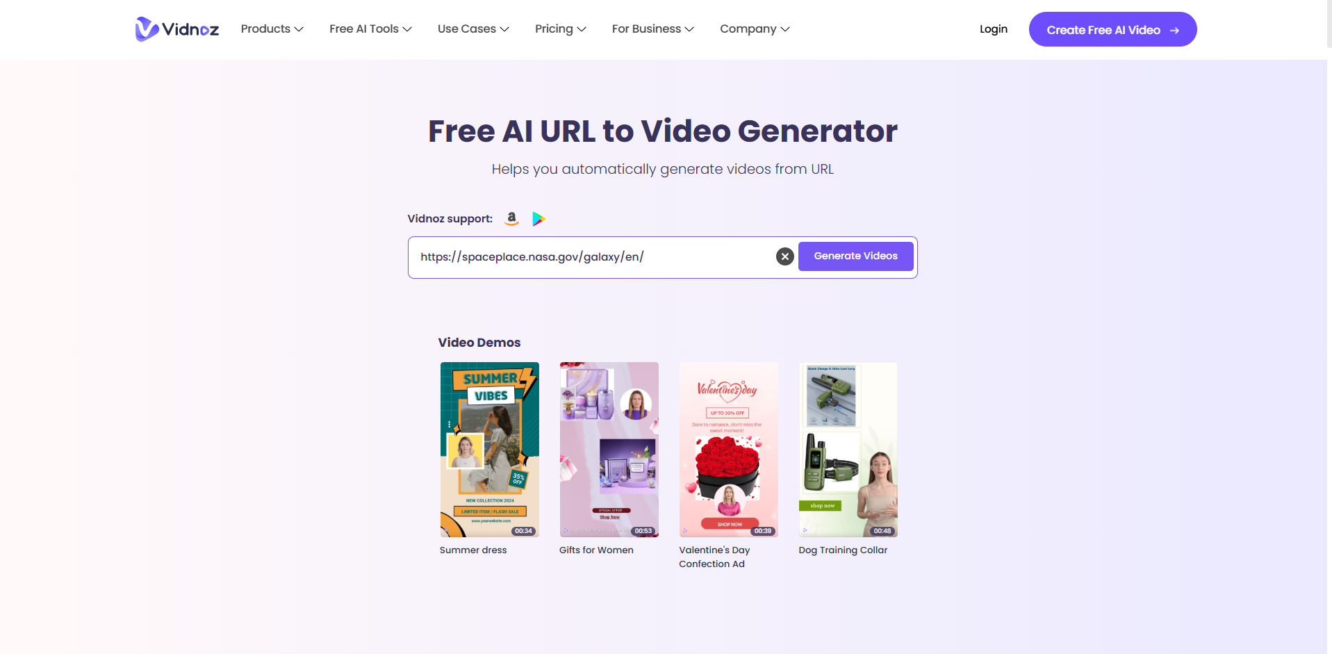 Interface of Vidnoz - an efficient URL to video generator