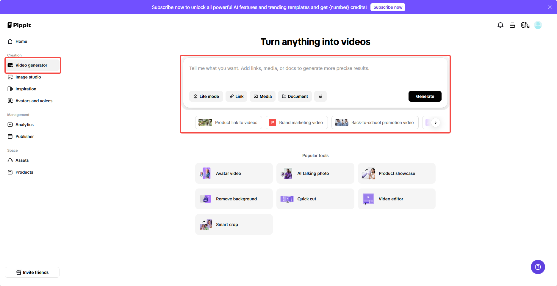 Navigate to the "Video generator" section