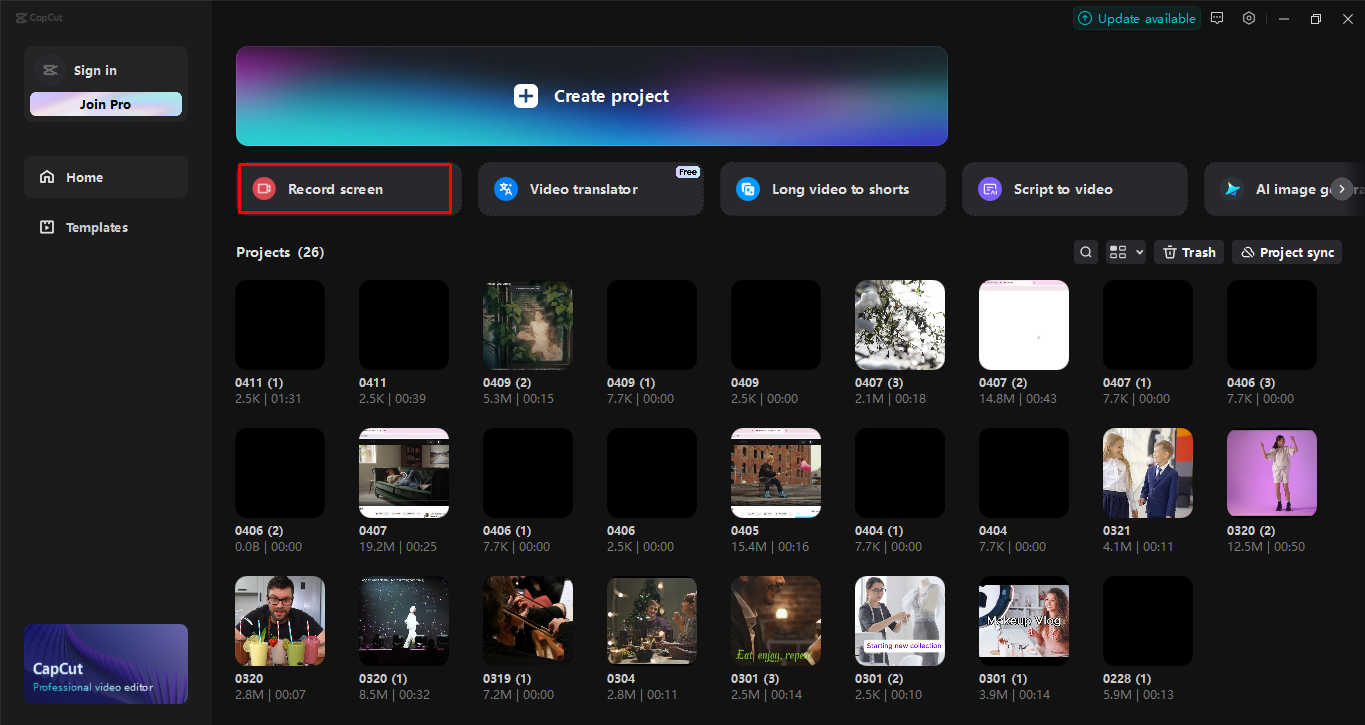 Schermrecorder starten in de CapCut desktop video-editor