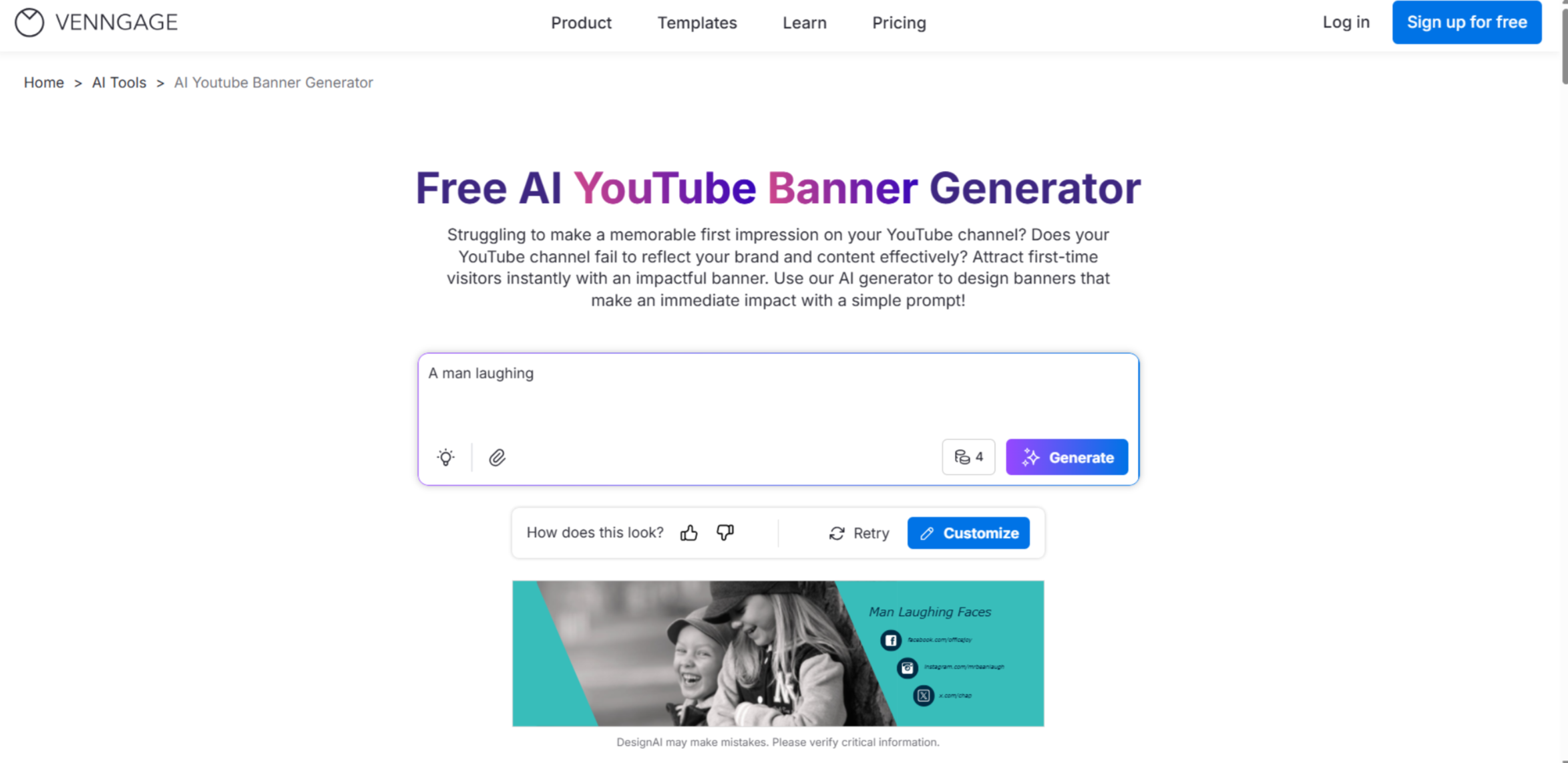 Antara muka Venngage - penjana sepanduk YouTube AI yang mudah digunakan
