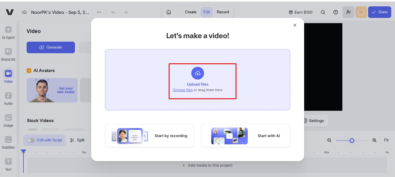 Upload your video to the Veed