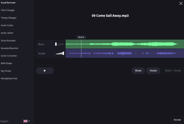 Remove the vocals in a song using Vocal Remover and Isolation