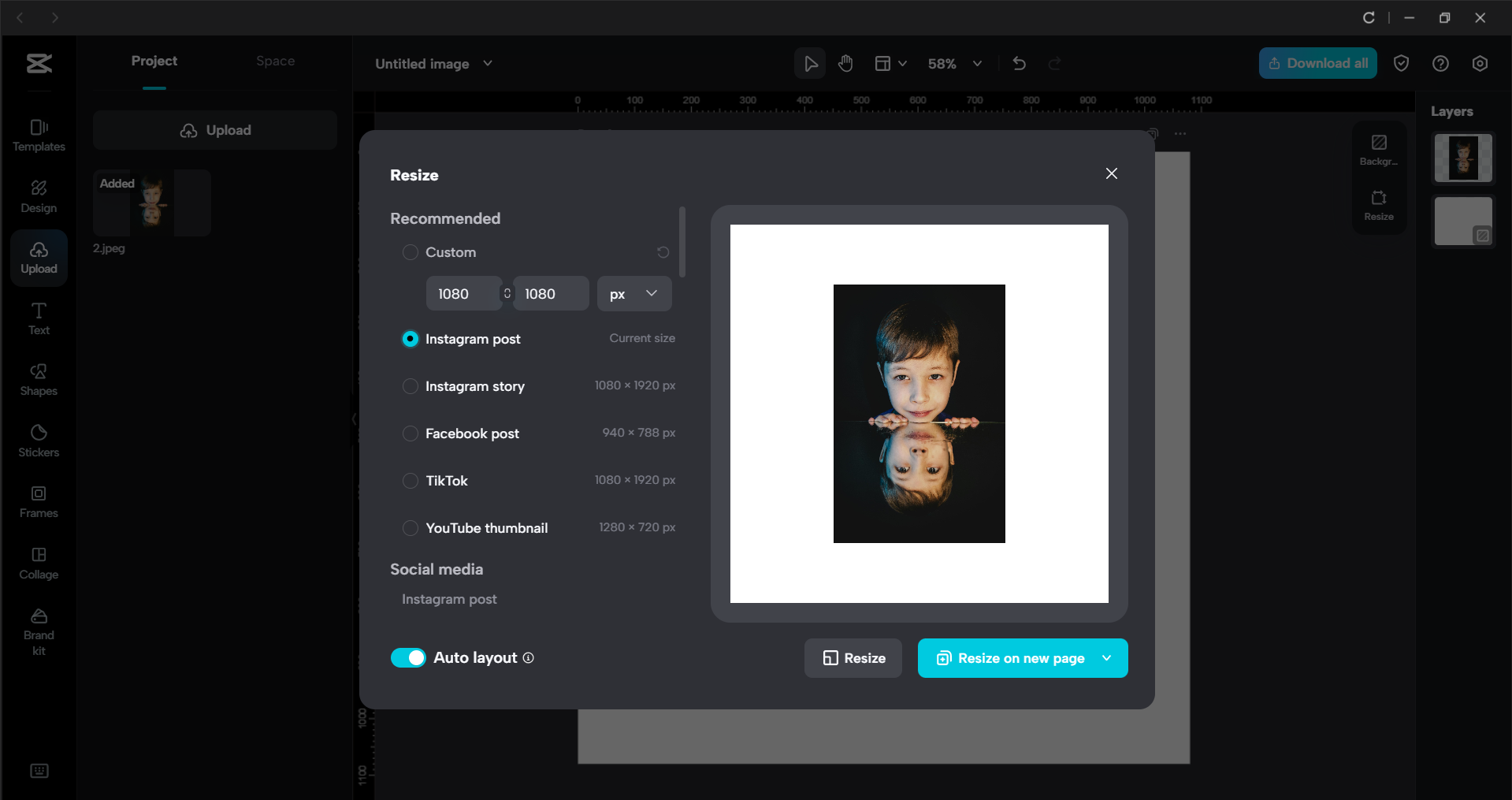 Antarmuka editor video desktop CapCut - aplikasi pengubah ukuran gambar terbaik untuk postingan Instagram