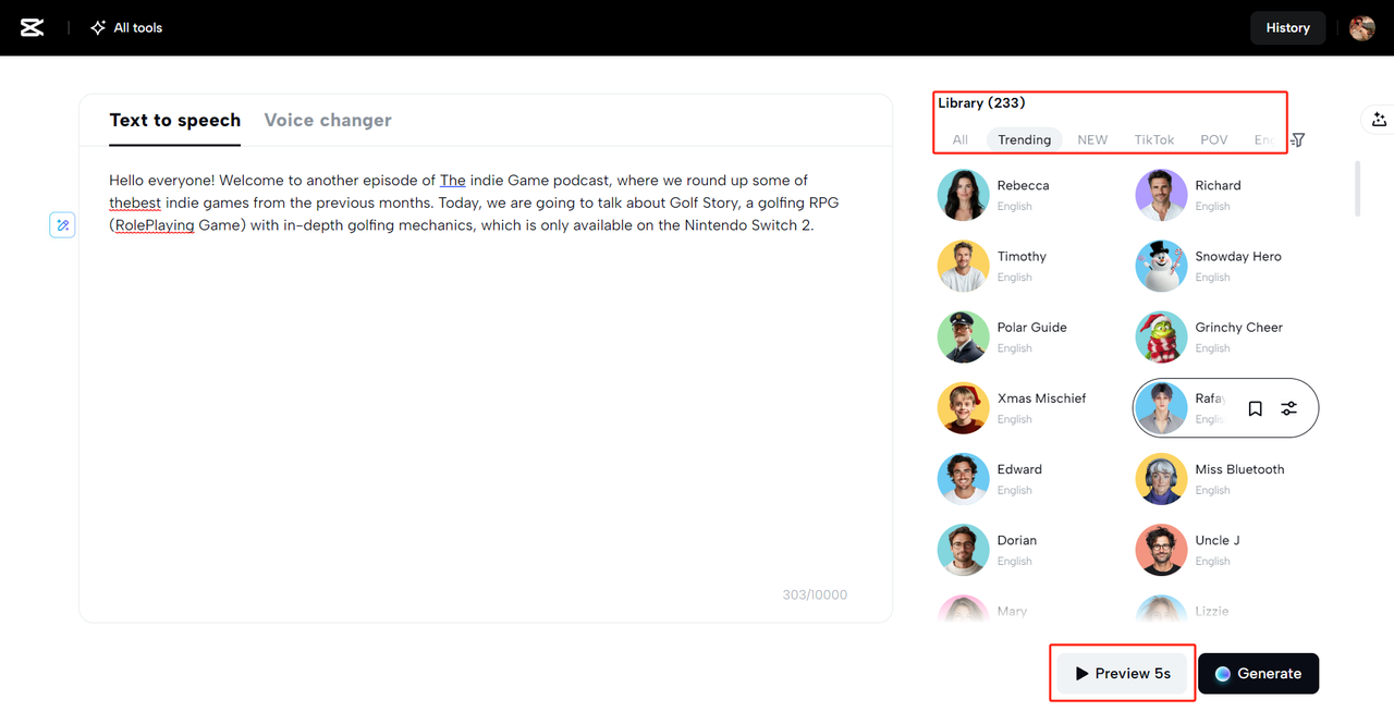 An interface displaying a list of different AI voices and languages to choose from.