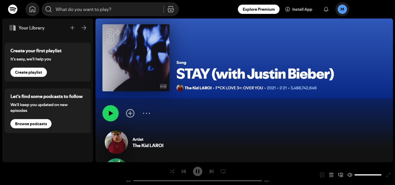 อินเทอร์เฟซของ STAY - ท่ามกลางเพลงยอดนิยมบน Spotify ตลอดเวลา