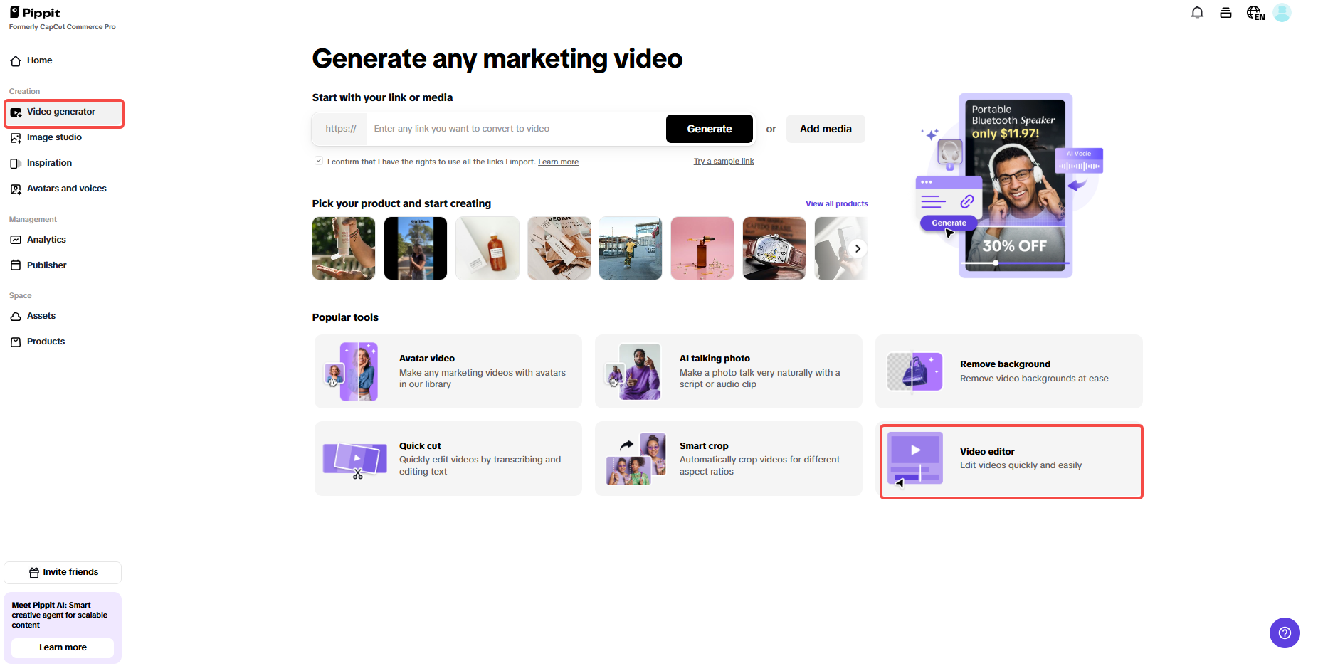 Access the Video editor and upload media