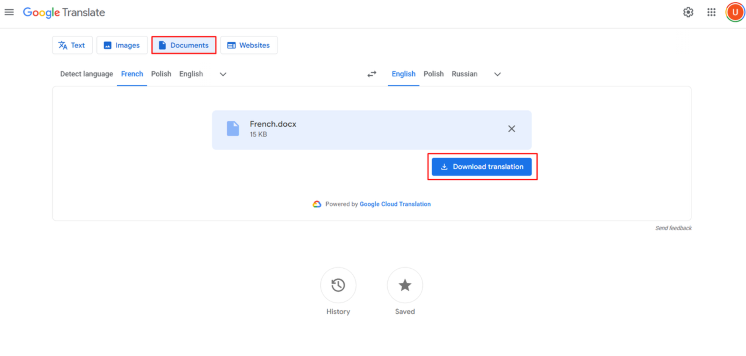 המרת מסמכים מצרפתית לאנגלית ב-Google Translate