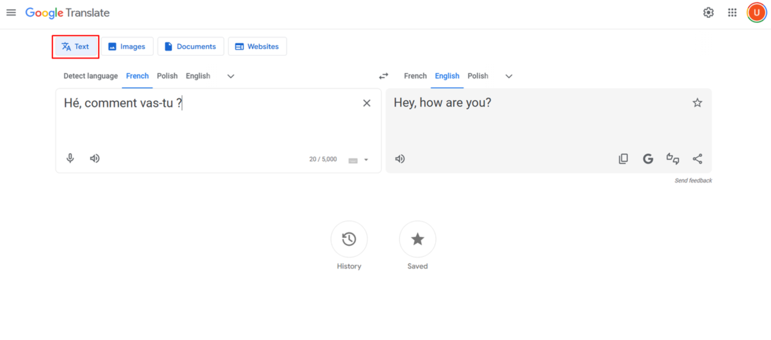 המרת טקסט מצרפתית לאנגלית ב-Google Translate