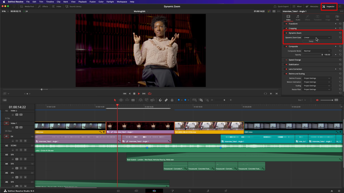 Aktivieren des dynamischen Zooms zum Anwenden von Zoomclips in DaVinci Resolve