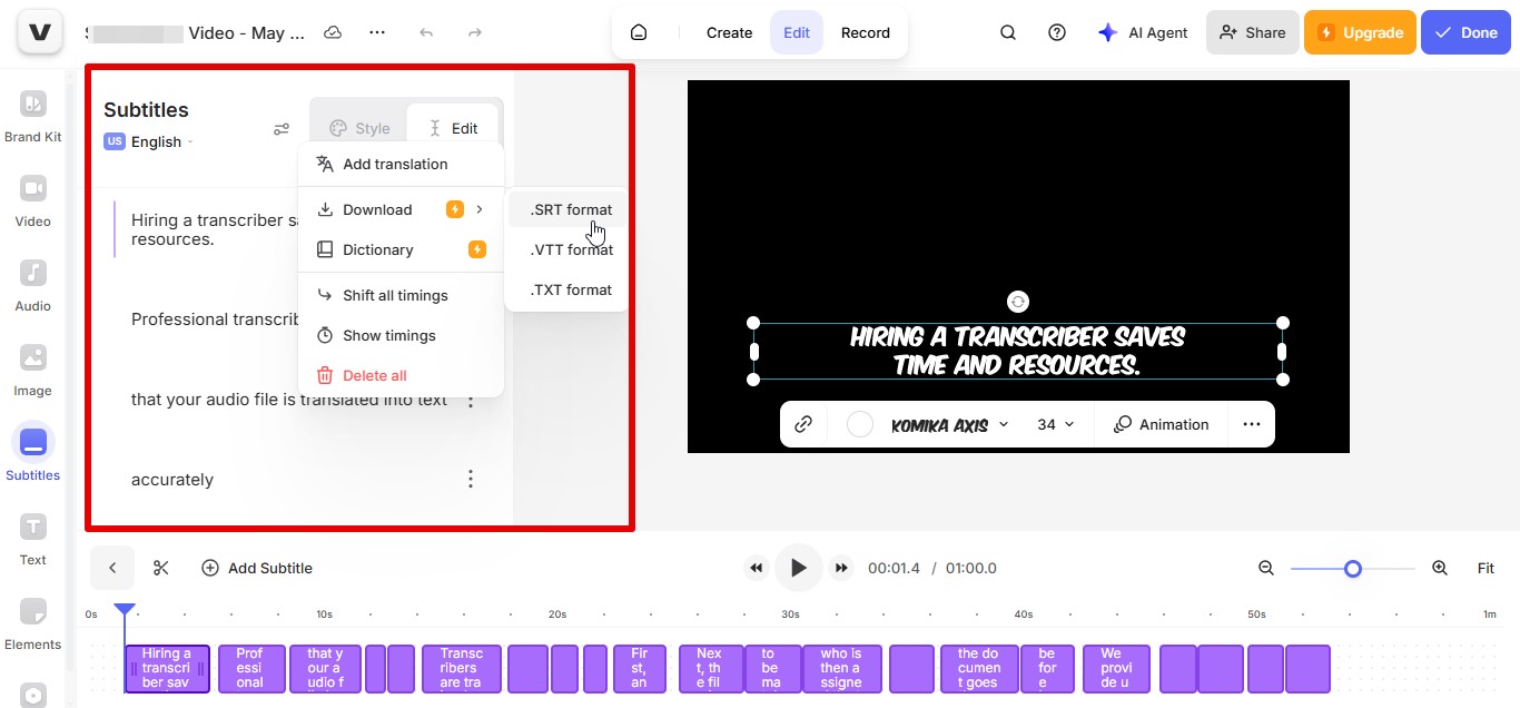 VEED.IO ตัวแปลงซับไตเติ้ล