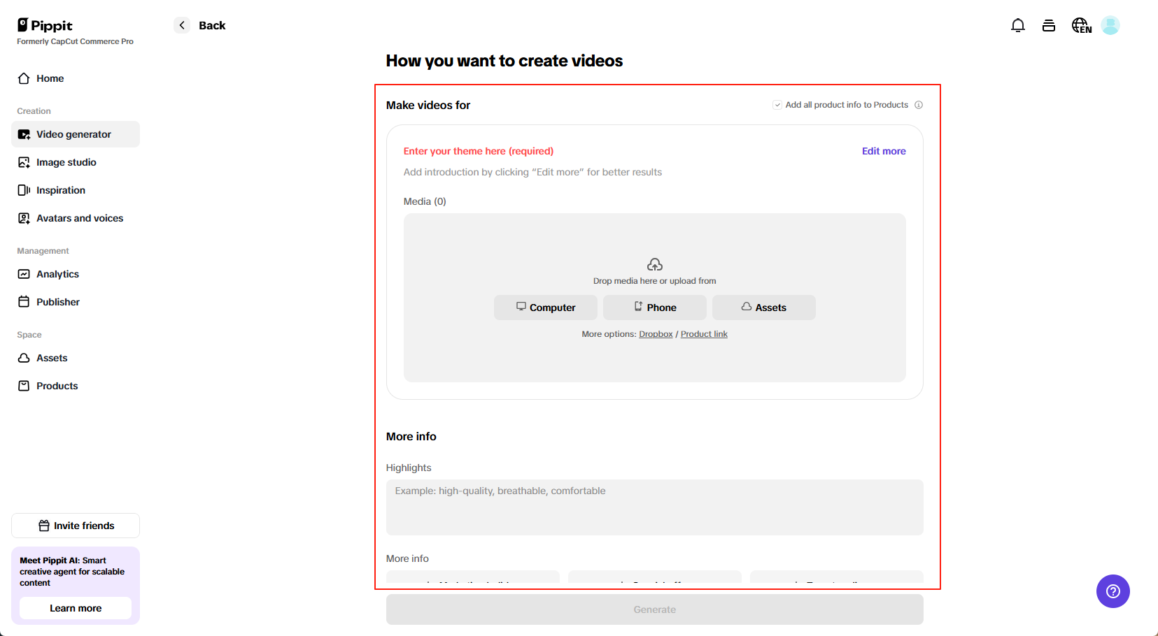 customizing video settings in Pippit