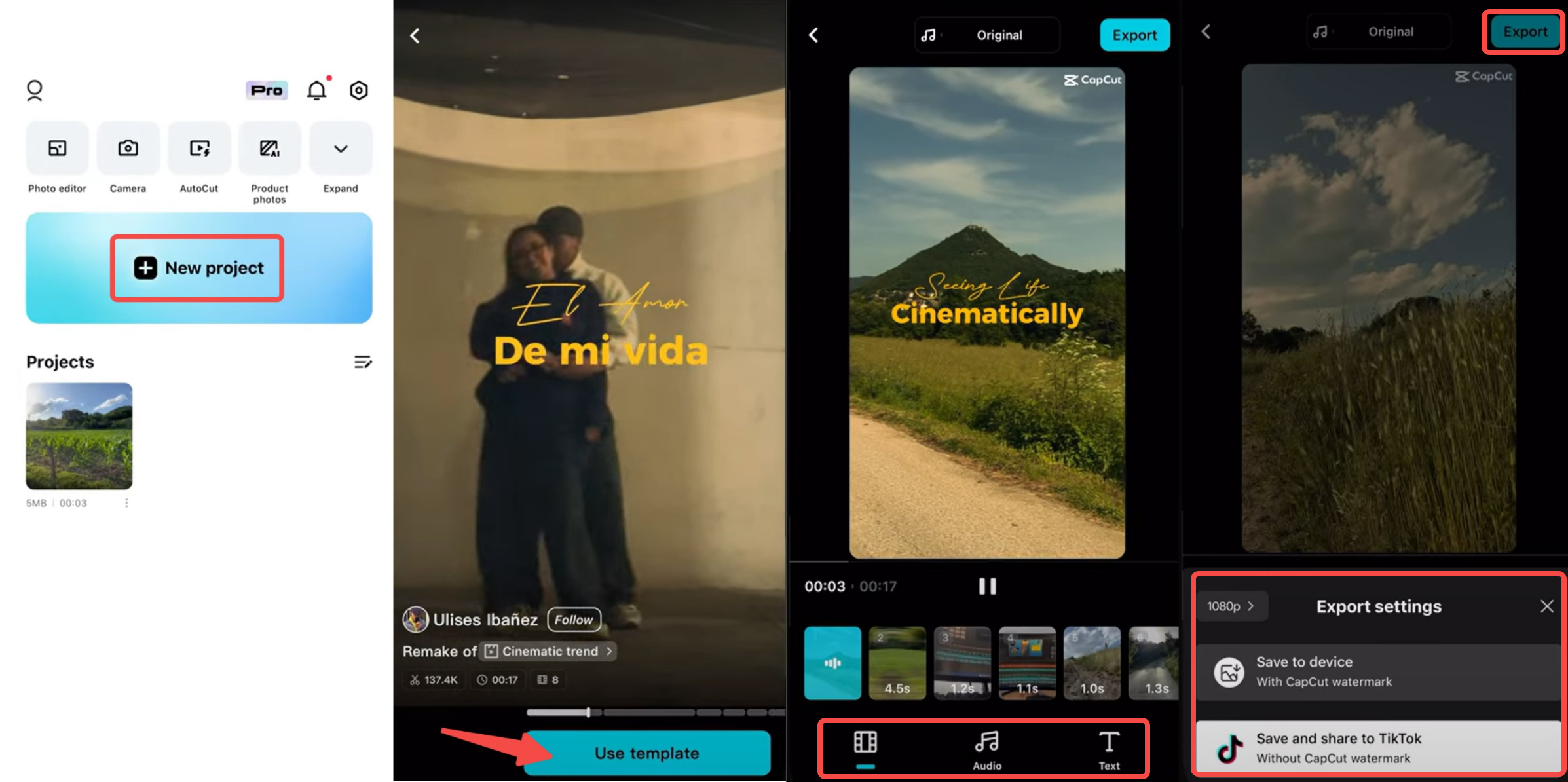 Interface of the CapCut mobile app