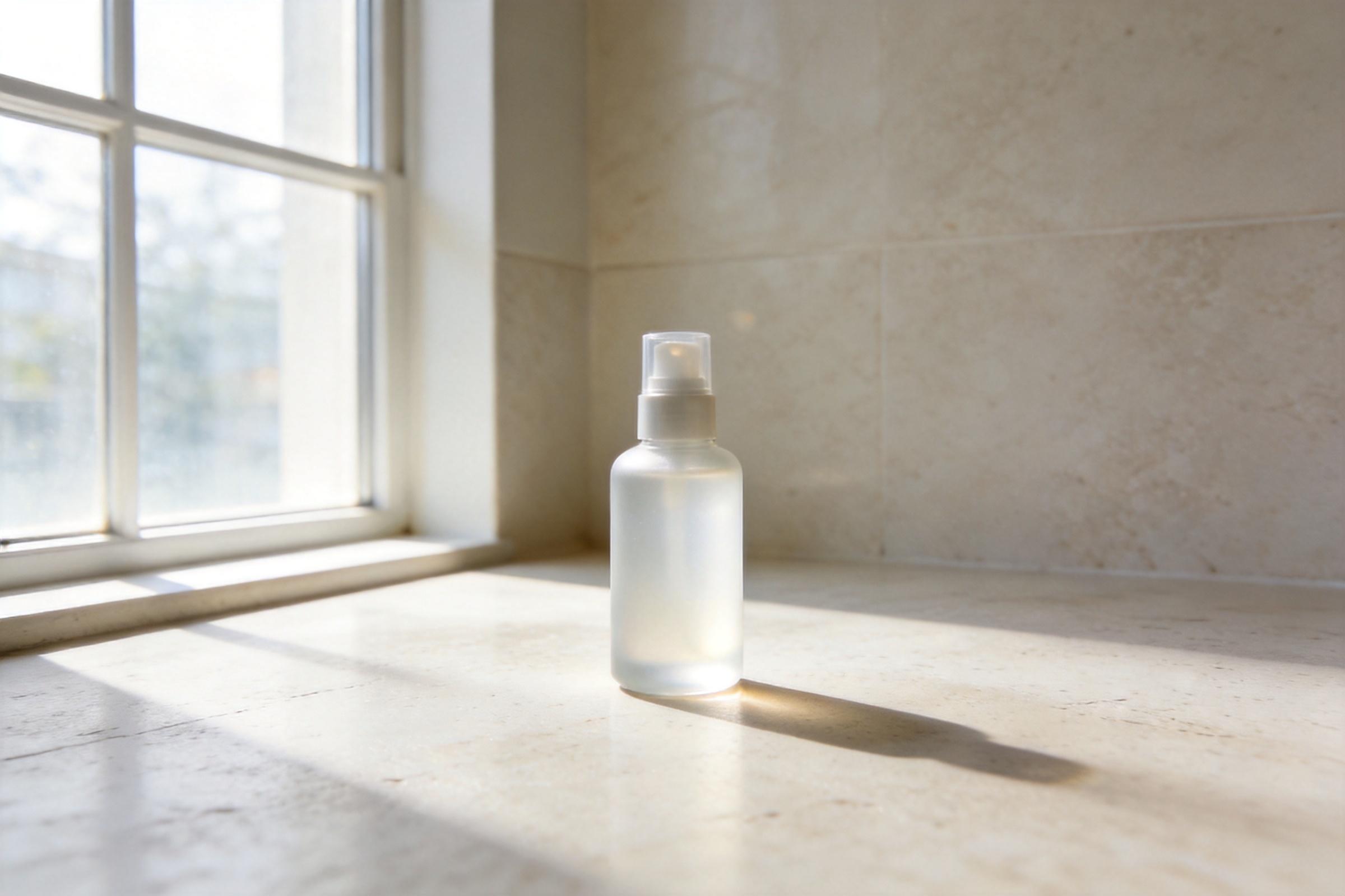Frosted spray bottle on a sunlit bathroom counter beside a window