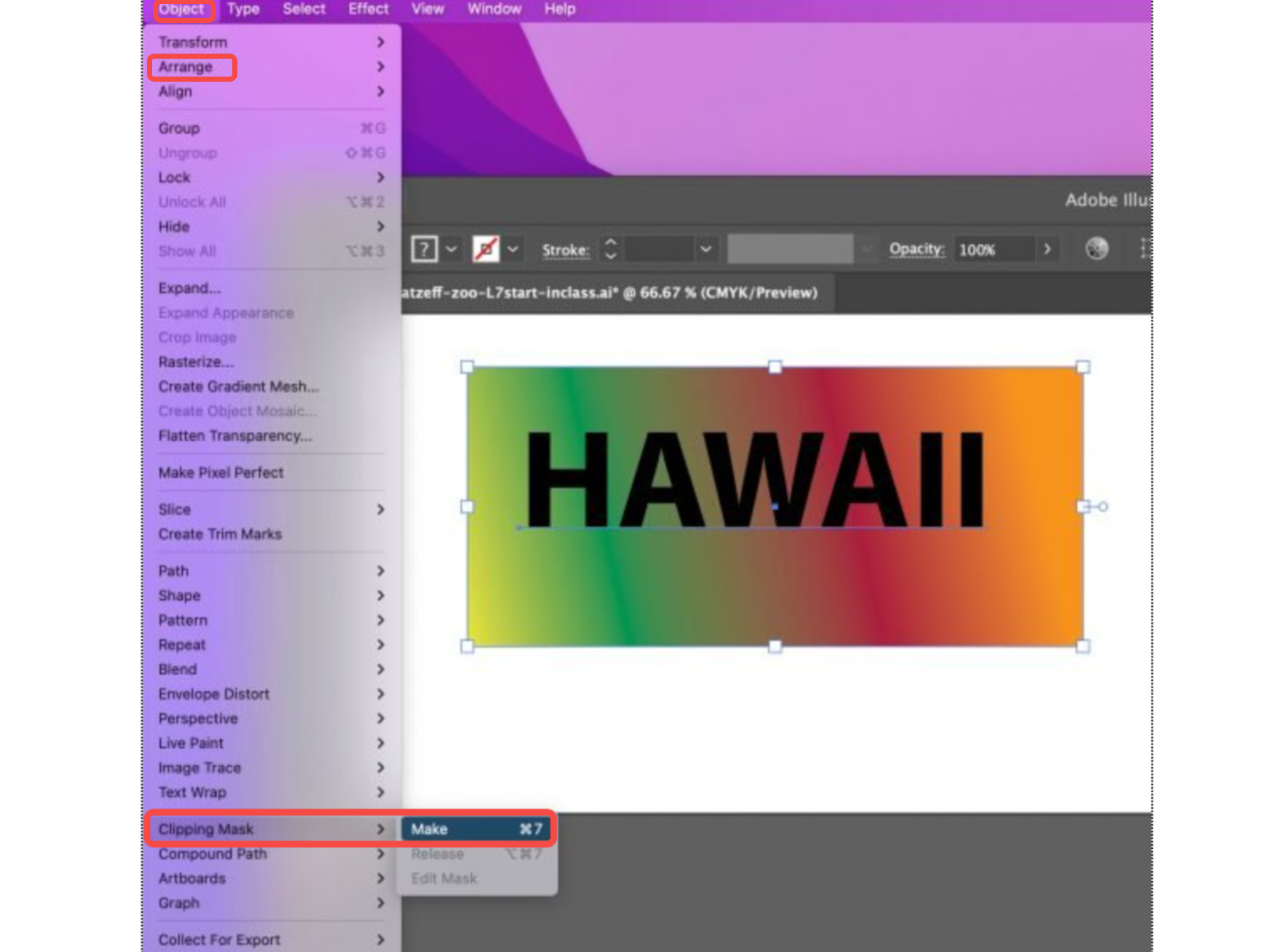 Montrant comment remplir du texte avec un dégradé dans Illustrator à l'aide d'un masque