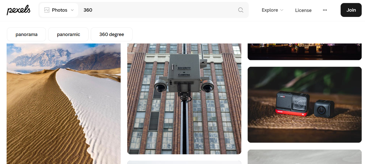 Interface de Pexels - uma plataforma confiável para obter fotos panorâmicas 360
