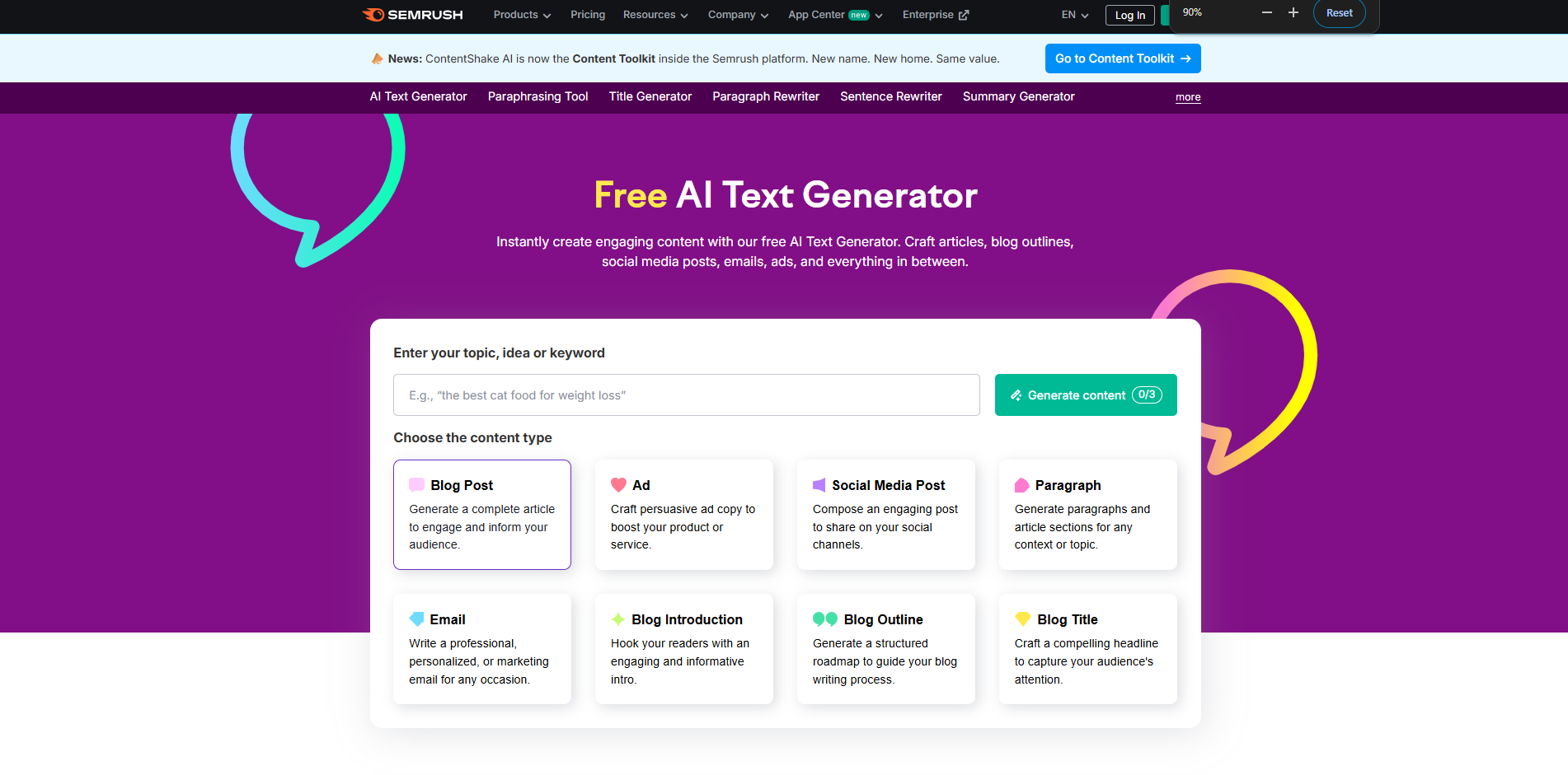 Benutzeroberfläche von Semrush – einem weiteren Online-AI-Textgenerator