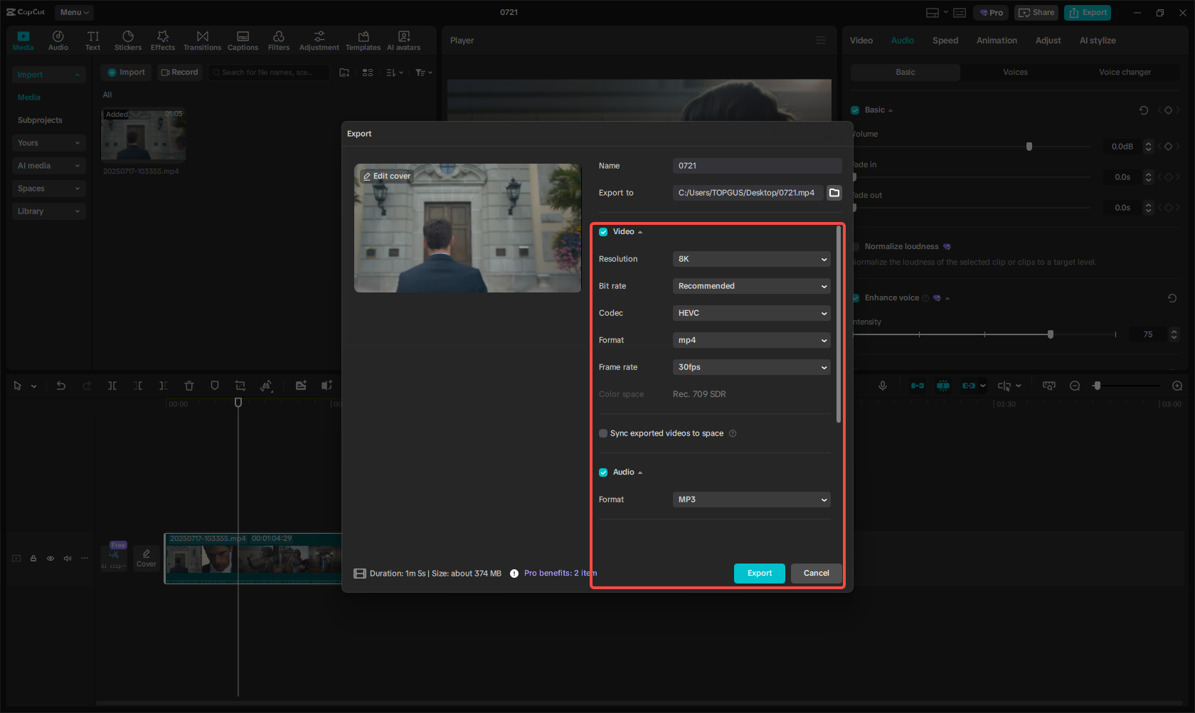 Export the vocal-removed video/audio