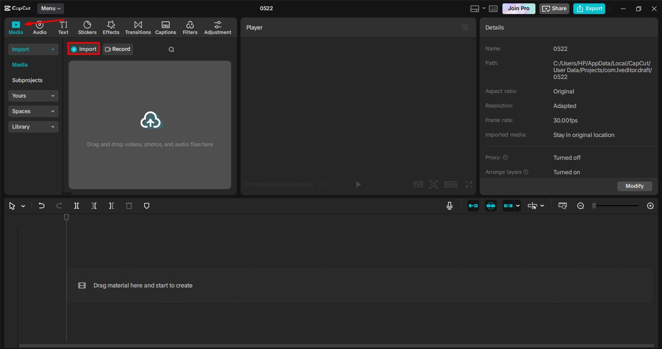 Importe uma imagem para o editor de vídeo de desktop CapCut
