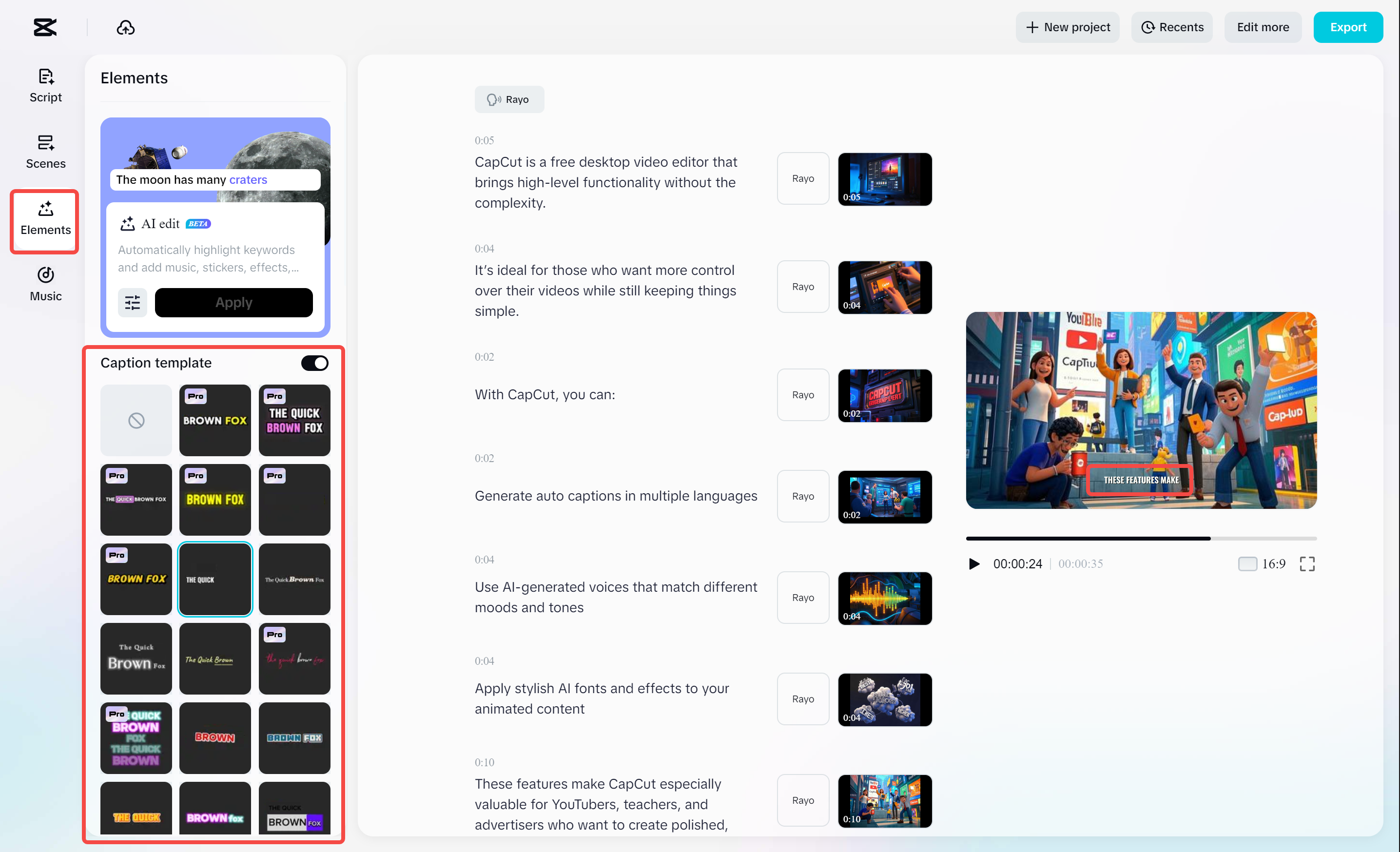 Adding caption templates to a video with CapCut's AI video maker