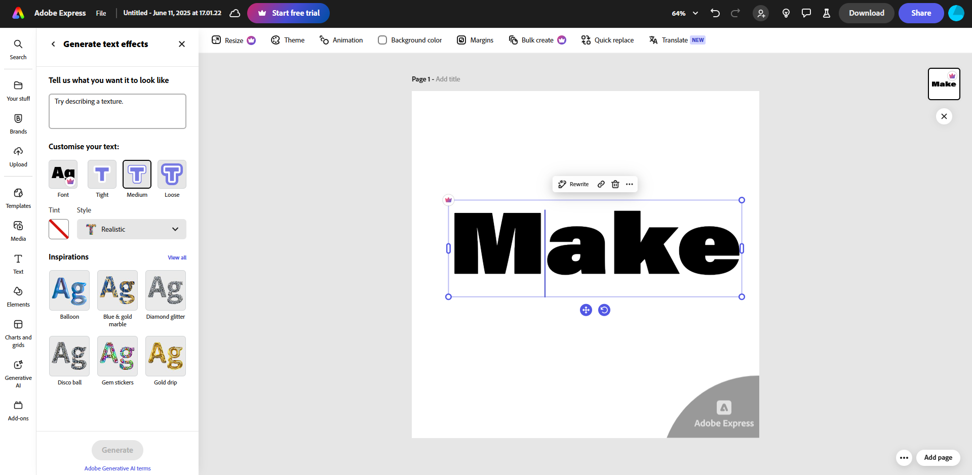 Interfaz de Adobe Express: un generador de texto de IA fácil de usar