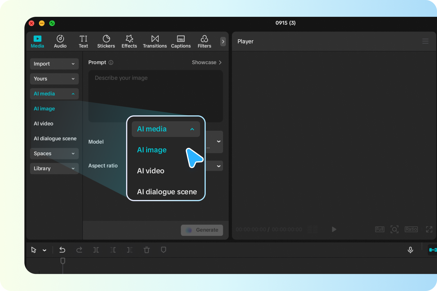 Launch CapCut's AI image tool