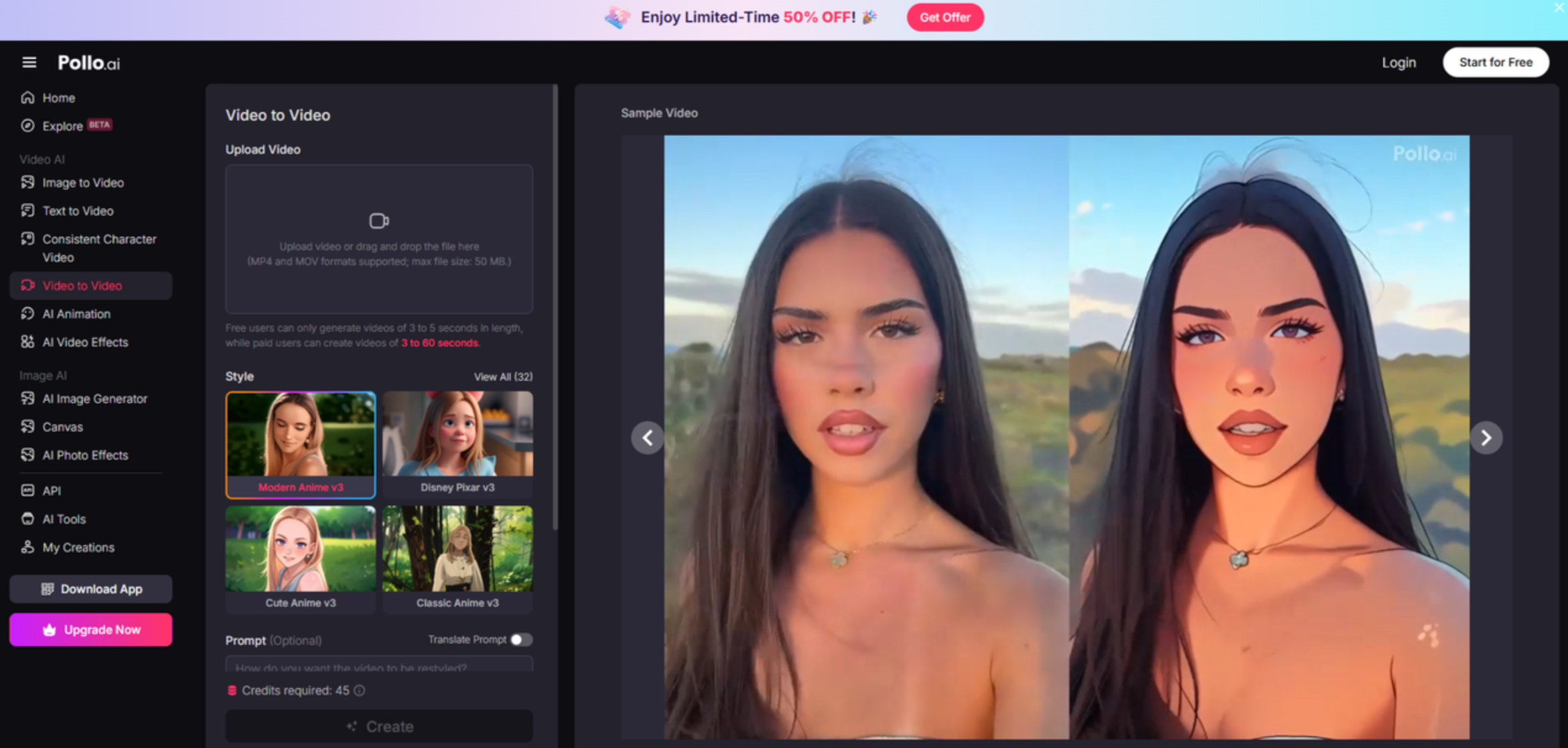Interface do Pollo AI - a melhor ferramenta para conversão de vídeo para vídeo com IA.