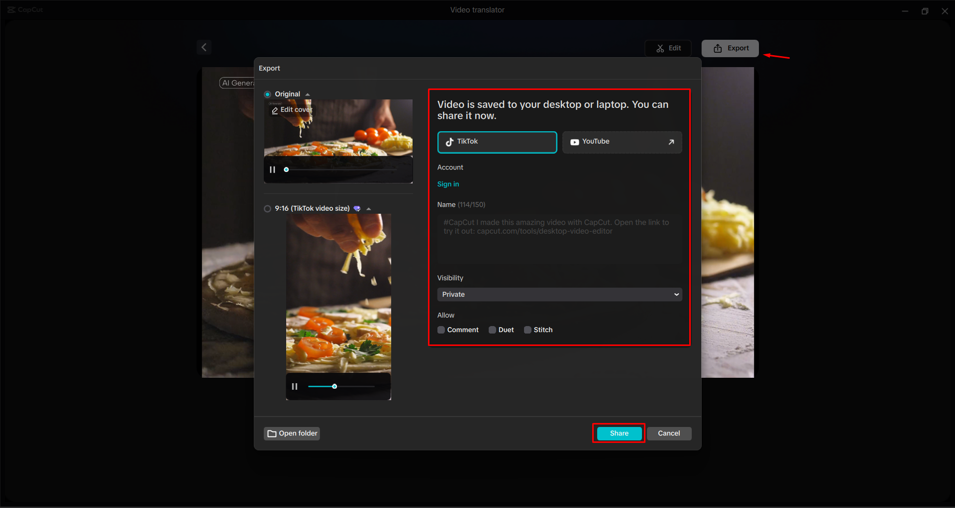 Exporting a video from the CapCut desktop video editor