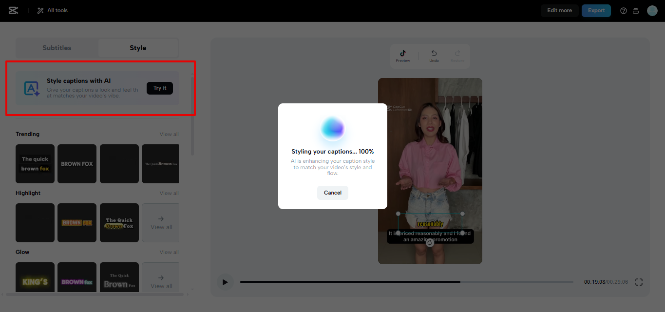 CapCut Web ปรับแต่งคำบรรยายด้วย AI
