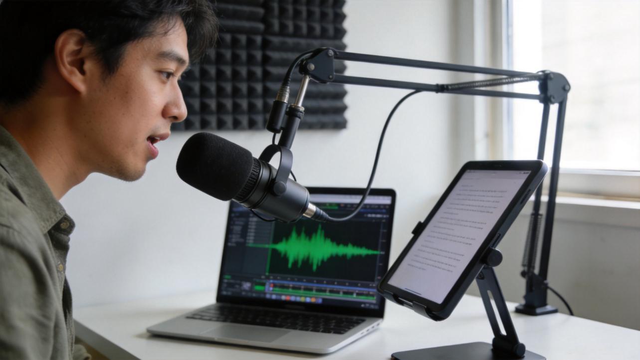 Man recording voiceover into a microphone beside a laptop and tablet with script