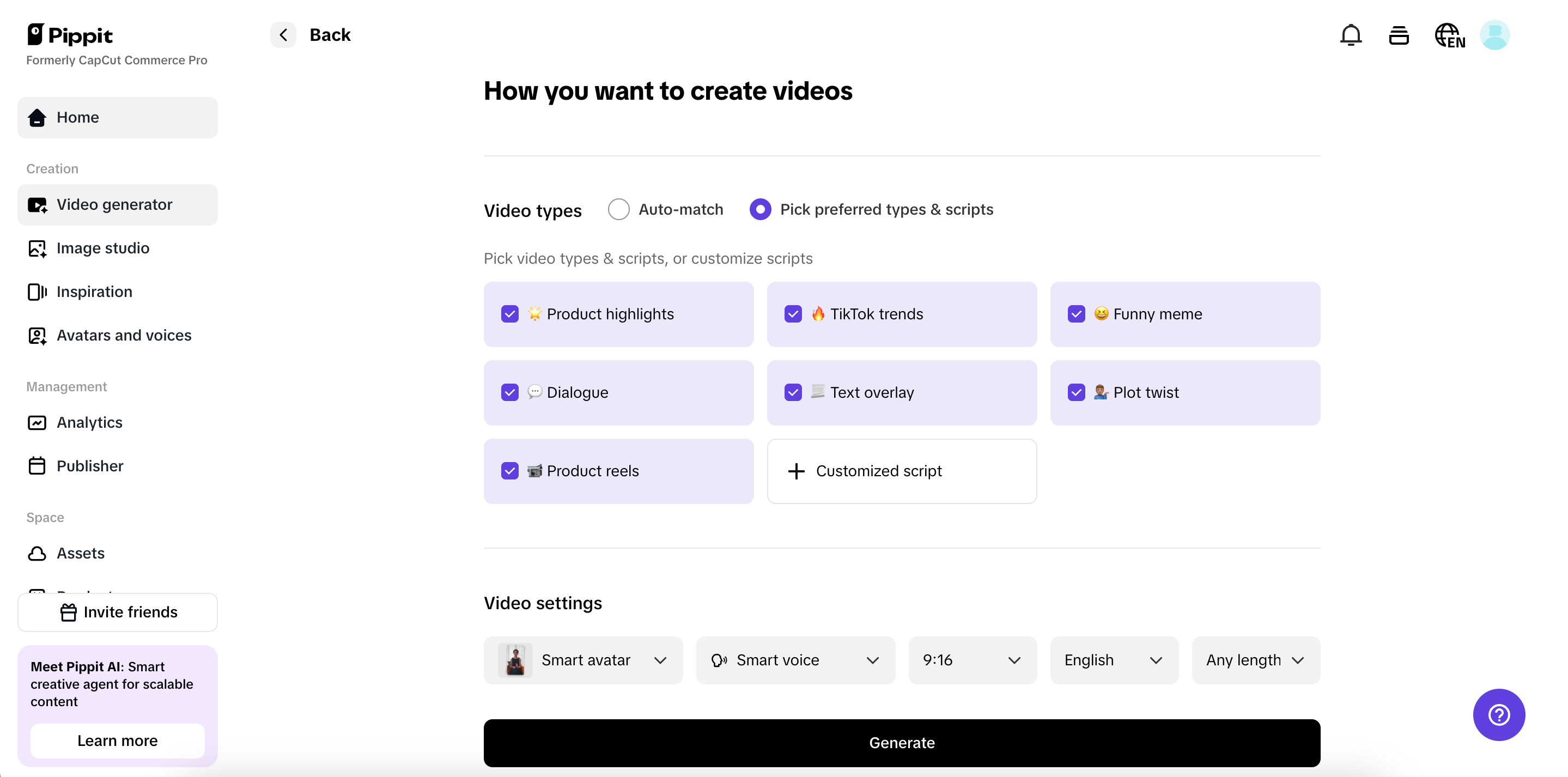 Adjust settings and generate video