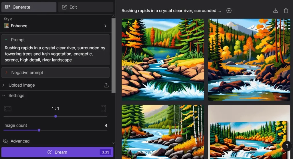 Interface do DreamStudio - um gerador de texto para imagem online gratuito
