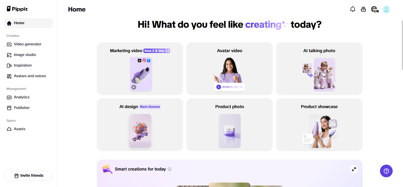 Главная панель управления Pippit