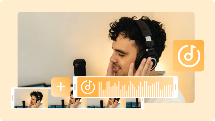 Man wearing headphones beside photo thumbnails and a music waveform