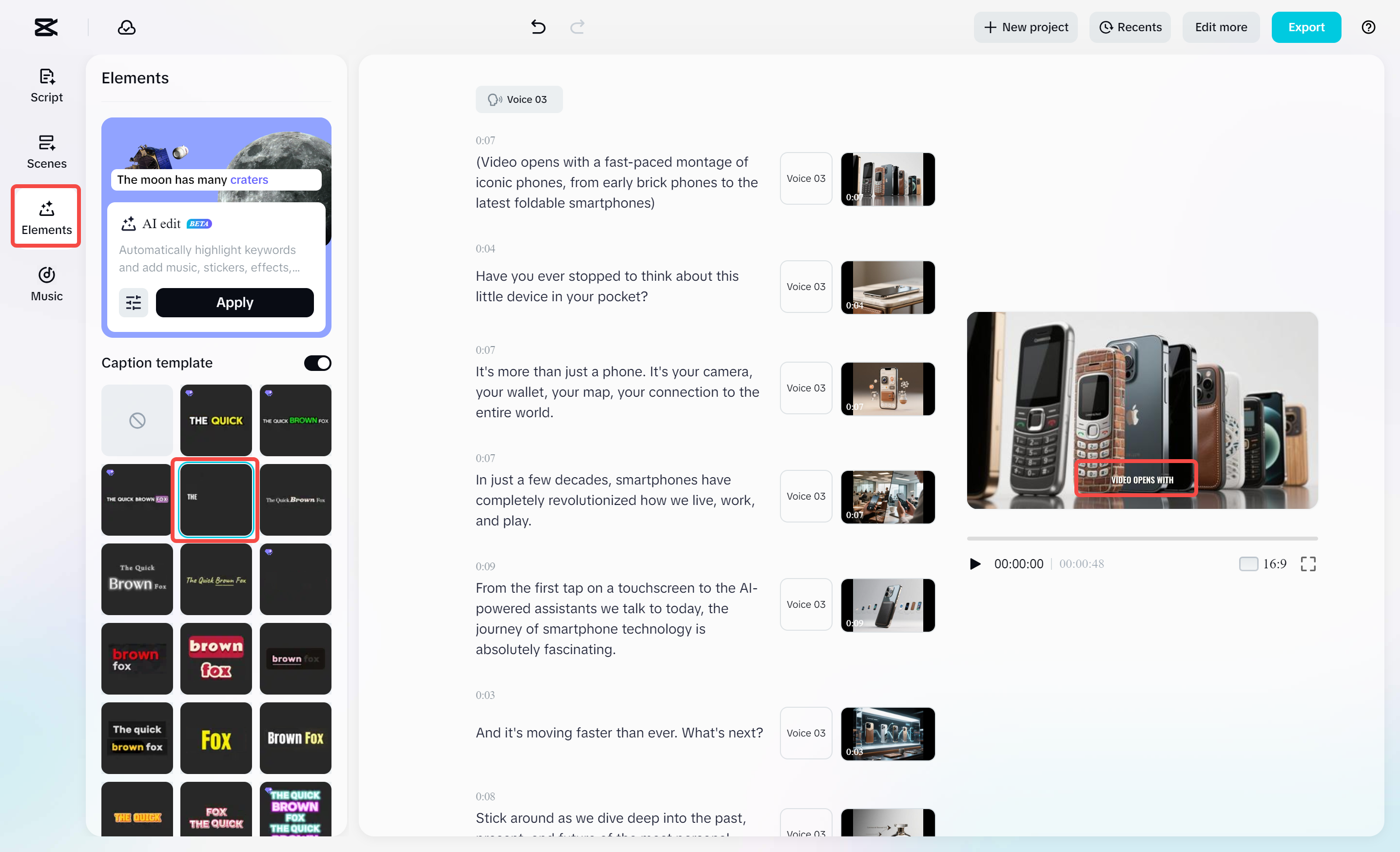 Adding captions to video in CapCut's AI video maker
