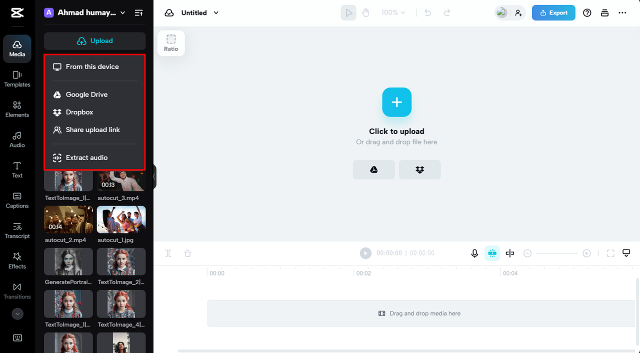 3D animation project editor with local and cloud media upload options