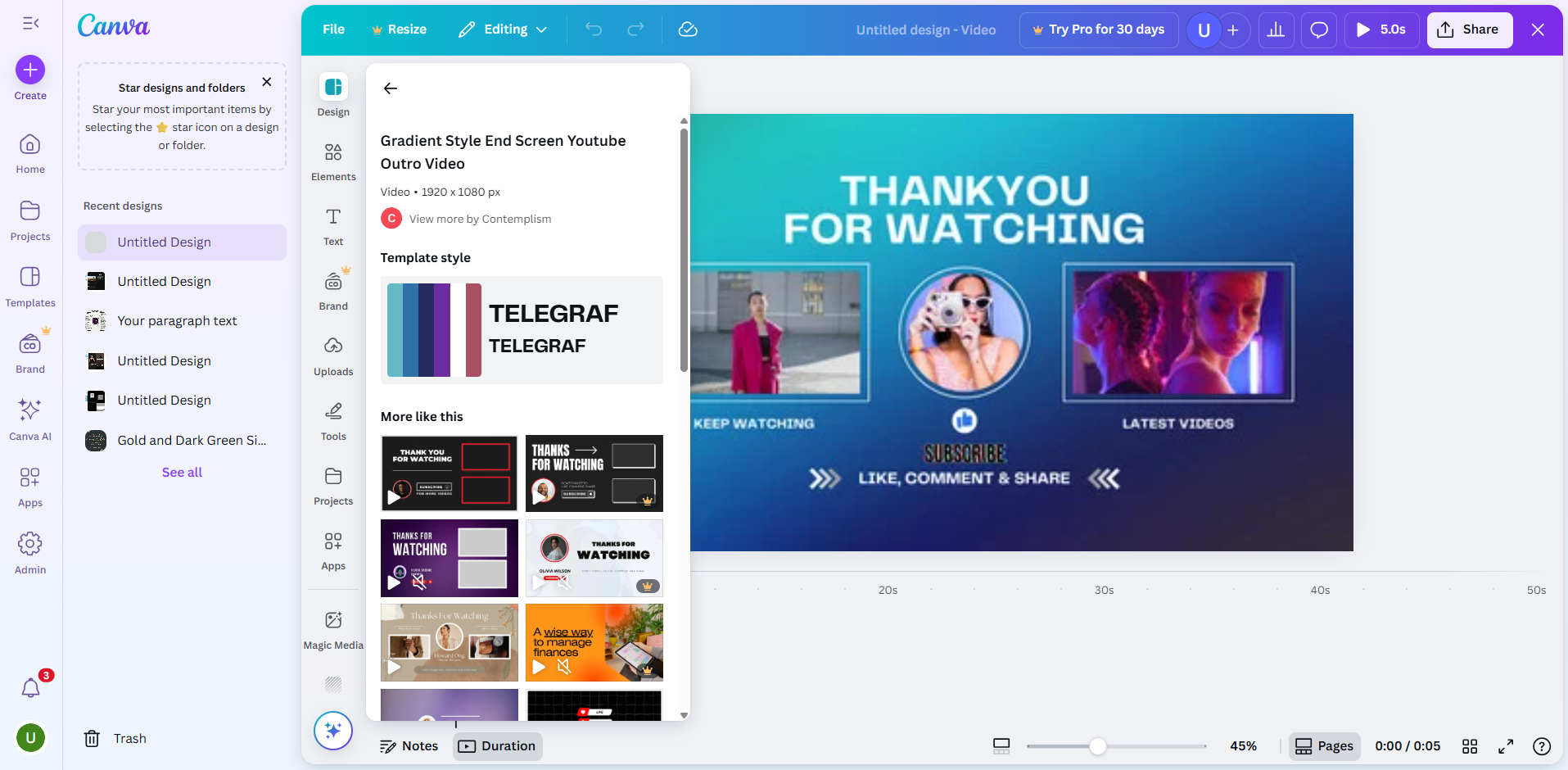 Interface de Canva - un autre outil pour modifier les modèles d'écran de fin YouTube