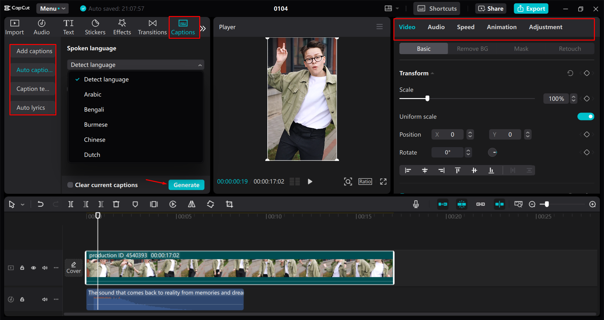 ALT Text: modifica e personalizzazione di un breve video di Instagram nell' CapCut editor video desktop