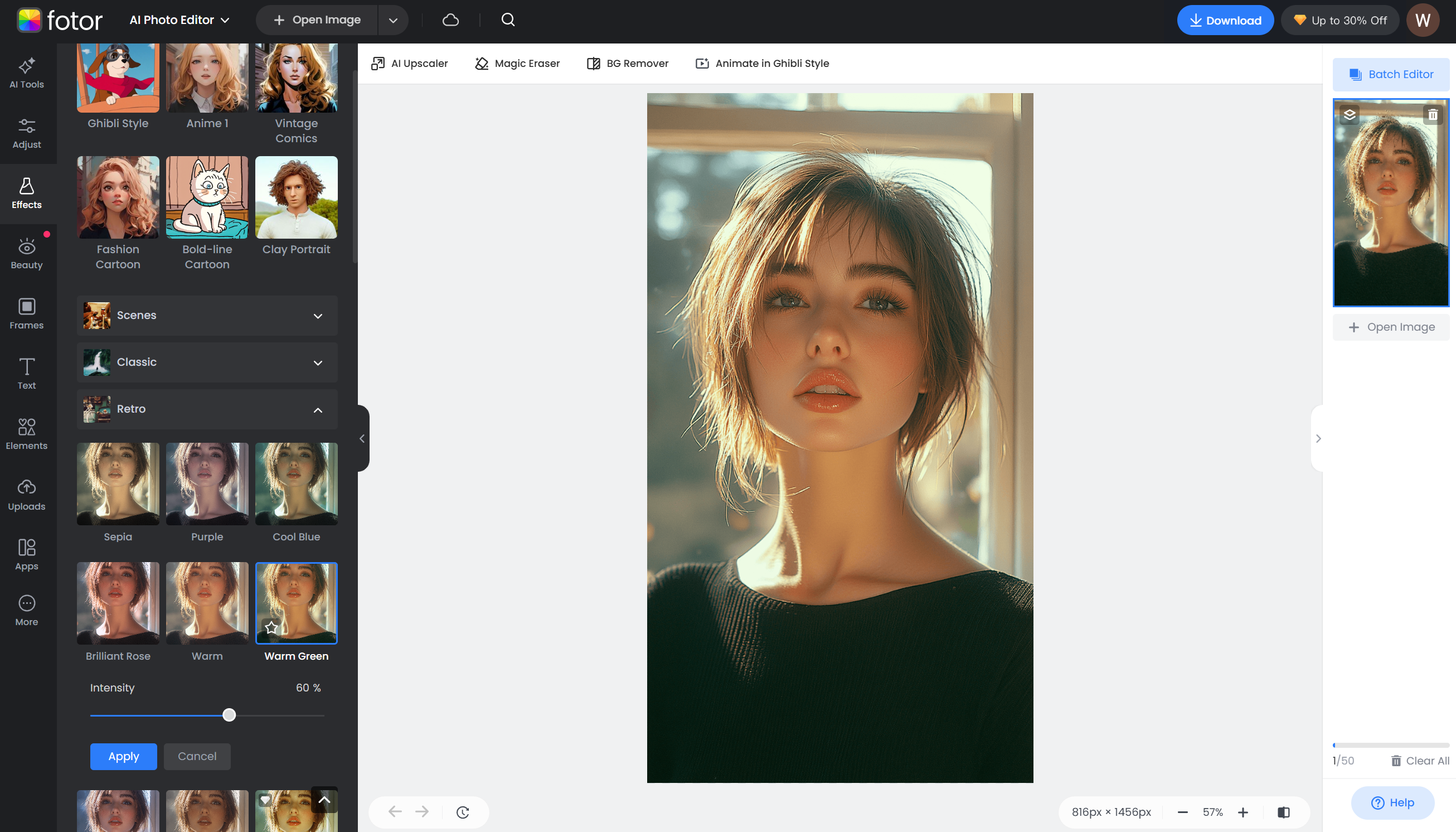 Interface of Fotor - the perfect online make me old photo editor