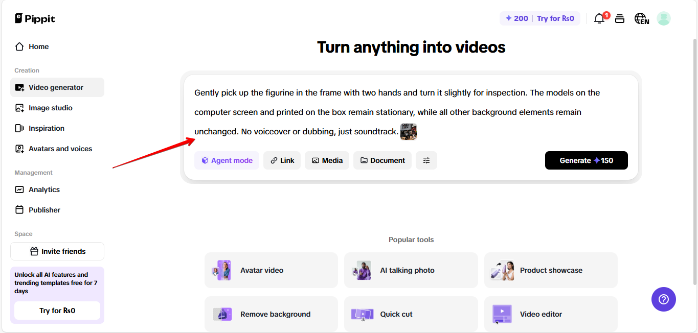 Opening AI video generator in Pippit