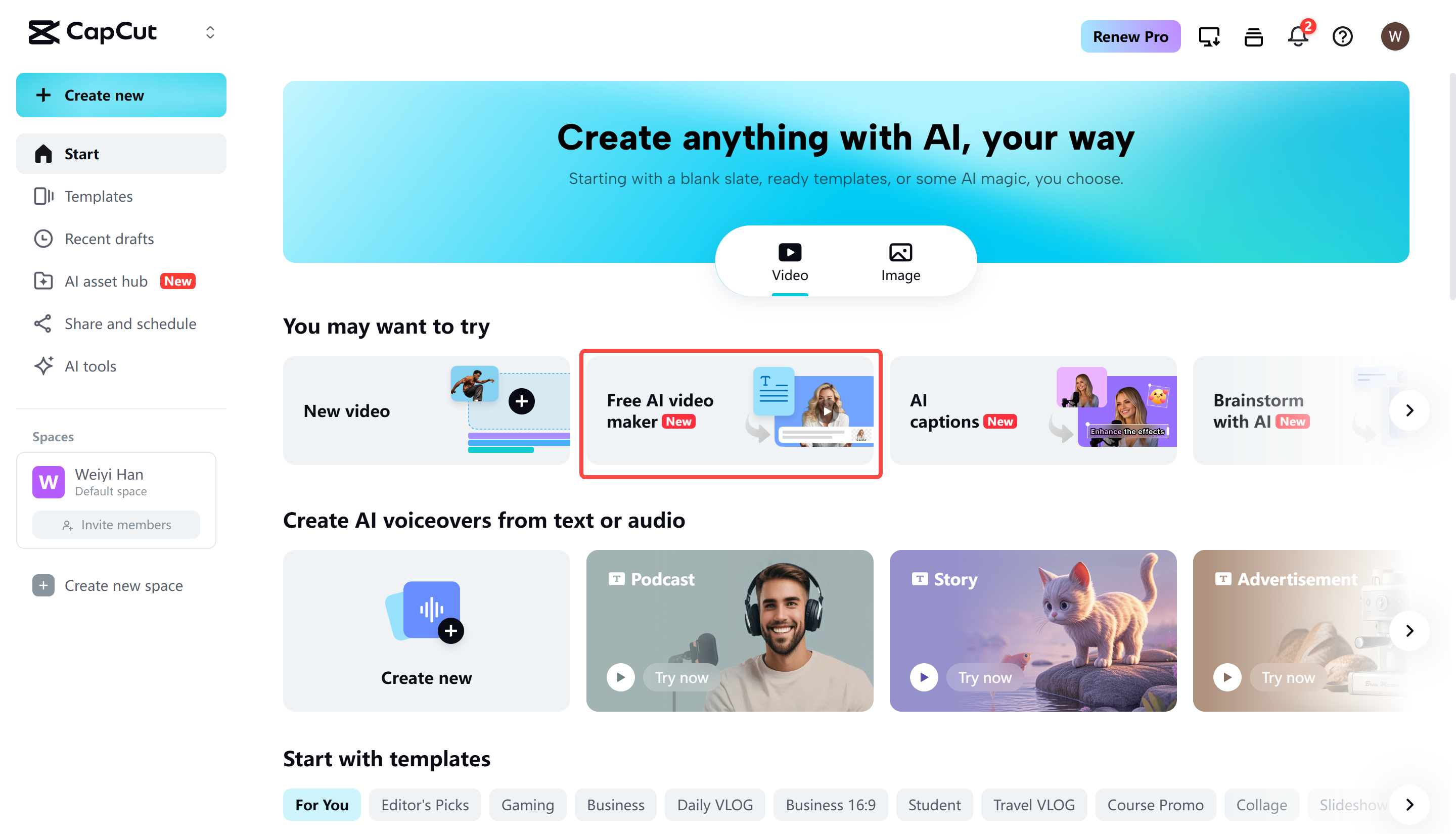 CapCut AI explainer video maker interface